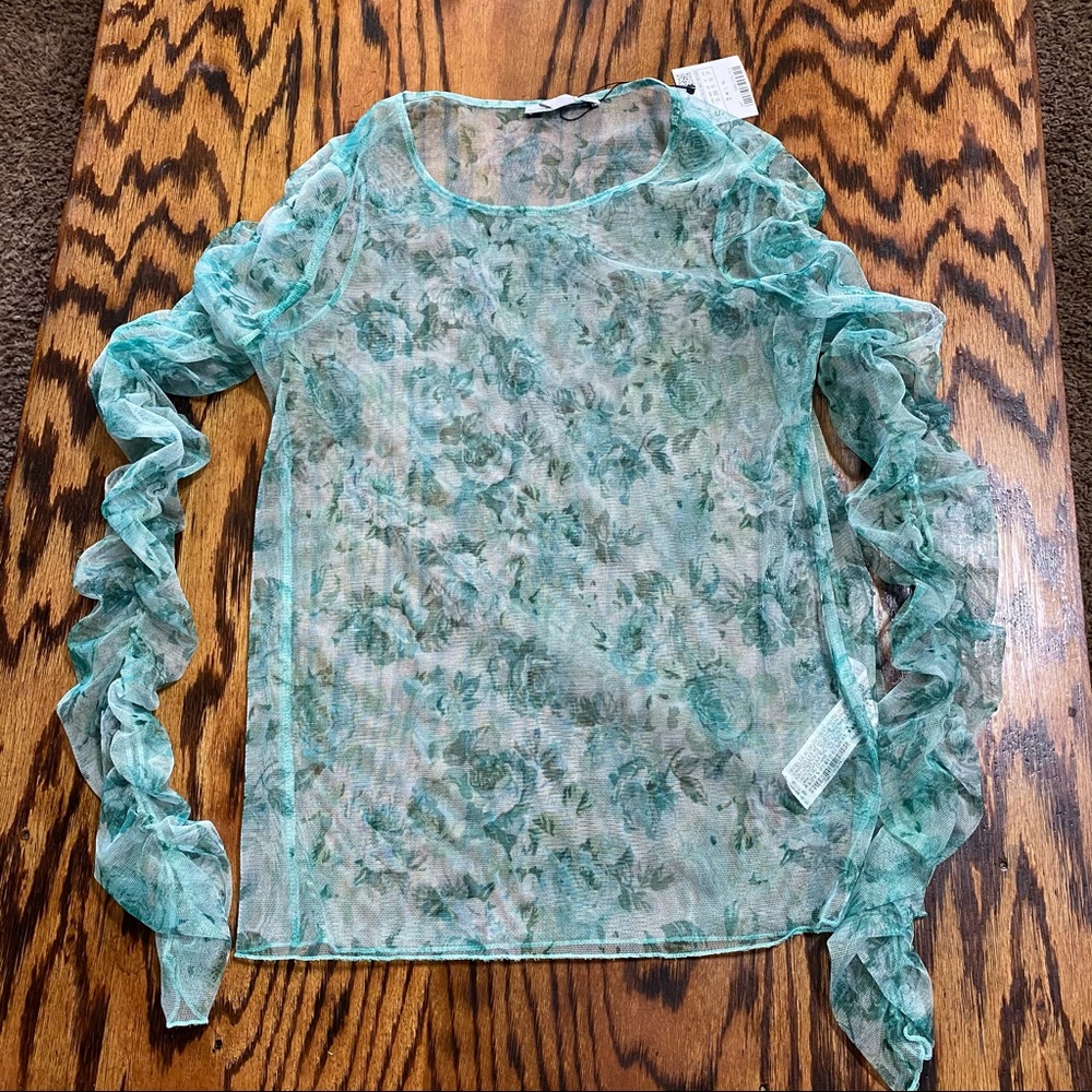 Zara Sheer Mesh Ruched Sleeve Mint Floral Top